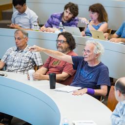 Doron Zeilberger asking Bruno Salvy a question, during his invited talk "Diagonals- Combinatorics, Asymptotics and Computer Algebra." (Clockwise- Daniel Panario, Marek Zaoinc, Guan-Ru Yu, Jérémie Lumbroso, Frédérique Bassino, Dan Romik.)