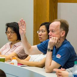 Jim Fill asking Bruno Salvy a question, during his invited talk "Diagonals- Combinatorics, Asymptotics and Computer Algebra." (From left to right, Valerie Roitner, Mihyun Kang, Emma Yu Jin, Jim Fill and Cyril Banderier.)