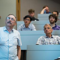 Wojciech Szpankowksi (Purdue University), during his talk "Entropy of Some Advanced Data Structures." (Top to bottom, left to right, Clemens Heuberger, Benjamin Hackl, Gwendal Collet, Guan-Ru Yu, Jérémie Lumbroso, Marek Zaoinc.)